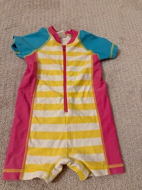 Hanna Andersson Yellow Stripe Short-Sleeve Rashguard with Pink & Blue Panels